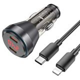 Polham HC 60W 2x Type-C Girişli ve 1mt Type-C to İphone Lightning Kablolu Araç Şarjı,Akım,Voltaj,Isı Korumalı