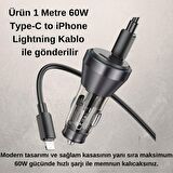 Polham HC 60W 2x Type-C Girişli ve 1mt Type-C to İphone Lightning Kablolu Araç Şarjı,Akım,Voltaj,Isı Korumalı