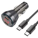 Polham HC 60W 2x Type-C Girişli ve 1mt Type C Kablolu Süper Hızlı Araç Şarjı,Akım,Voltaj,Isı Korumalı