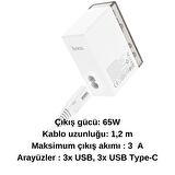 Polham HC Mega Hızlı 65W 3x USB, 3x PD Type C Girişli Çoklu Şarj Aleti, 1.2metre Güç Kablolu Başlık