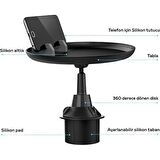 Polham Universal Araç İçi Telefon Tutucu ve Yemek Masası, Bardaklık Yeri Girişli Ayarlanabilir 