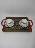 Modern Ethnic Desenli 39-26 cm Motif İşlemeli Servis Sunum Çay Tepsisi Karamel