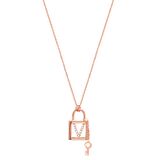 Zirkon Taşlı Pırlanta Montür Rose Altın Kaplama Anahtarlı Kilit V Harfi Gümüş Kolye