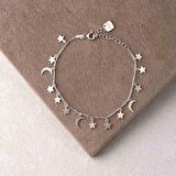 Gümüş Rengi Kaplama Sıralı Ay Yıldız Gümüş Bileklik