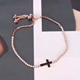 Zirkon Taşlı Pırlanta Montür Asansörlü Alttan Ayarlı Siyah Taşlı Su Yolu Haç Gümüş Bileklik