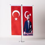 Atatürk-Türk Bayrağı 2li Masa Bayrağı Saten Kumaş Dijital Baskı 8,5x25 cm