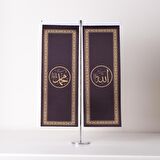 Allah-Muhammed İnce Uzun 2li Masa Bayrağı Saten Kumaş Dijital Baskı 8,5 x 25 cm