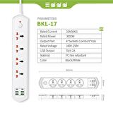 QASUL 6 Usb'li 4'lü Çoklu Priz 2 M Kablolu Akım Korumalı Anahtarlı Uzatma Grup Priz 3000W 2 typec