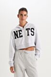 DeFactoFit NBA Brooklyn Nets Crop Kalın Fermuarlı Sweatshirt D2362AX24AUGR379