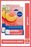 Nivea Dudak Bakım Kremi Ve Dudak Parlatıcısı 4.8gr, Şeftali Kokusu, 24 Saat Nemlendirme, Işıltılı, X2 Adet