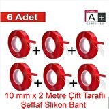6 adet 10mmX2mt Çift Taraflı Montaj Slikon Bandı Doku Nano Silikonlu Süper Güçlü Bant