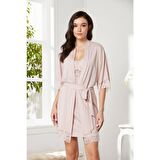 Pierre Cardin Dantelli Penye Gecelik Sabahlık Takımı Pudra