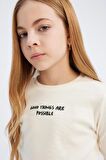 DeFacto Kız Çocuk Slim Fit Dar Kesim Bisiklet Yaka Baskılı Fitilli Kaşkorse Uzun Kollu Tişört D8565A825SPER99