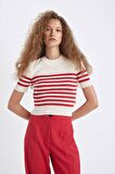 DeFacto Slim Fit Dar Kesim Çizgili Bisiklet Yaka Kısa Kollu Triko Kazak D4619AX24AURD86