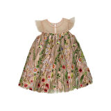 Panço Kız Çocuk Nakışlı Kumaş Detaylı Parti Elbisesi Pudra