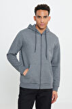 Erkek Antrasit-melanj Standart Fit Normal Kesim Kapüşonlu Fermuarlı Sweatshirt Ceket