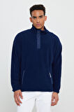 Erkek Lacivert Loose Fit Bato Yaka Desenli Polar