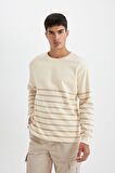 DeFacto Comfort Regular Fit Rahat Kalıp Bisiklet Yaka Çizgili Kalın Sweatshirt D2397AX24AUER42