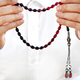 1000 Ayar Gümüş Kazaz Püsküllü Arpa Kesim Süzme Kırmızı-Siyah Ateş Kehribar Tesbih