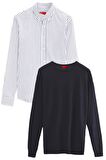 Ds Damat Slim Fit Lacivert Pamuk Karışımlı 2'Li Bisiklet Yaka Gömlek Ve Kazak 3HC06ORTKBN01