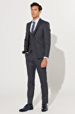 Slim Fit Dar Kesim Mono Yaka Desenli Yünlü Yelekli Takım Elbise