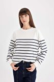 DeFacto Relax Fit Bisiklet Yaka Çizgili İnce Sweatshirt A9255AX24WNER105
