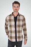 Beyaz Açık Kahve Çizgili Slimfit Oduncu Gömlek