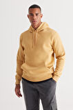 Erkek Hardal Standart Fit Içi Polarlı 3 Iplik Kapüşonlu Kanguru Cepli Pamuklu Sweatshirt