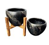 Ev Dekorasyon Siyah Üzeri Gold Mermer Efektli Toprak Saksı Saksılık Salon Çiçeklik İkili Set Ayaksız - 4 Ayaklı- 15 Cm