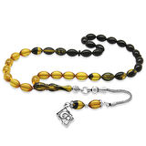 925 Ayar Gümüş Püsküllü Bilek Boy Süzme Sarı-Siyah Ateş Kehribar Tesbih