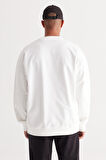 Erkek Ekru Oversize Bol Kesim Içi Polarlı 3 Iplik Bisiklet Yaka Pamuklu Sweatshirt