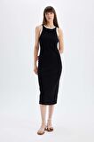 DeFacto Bodycon Vücudu Saran Basic Düz Fitilli Kaşkorse Kolsuz Midi Elbise D5302AX24HSBK81