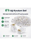 6lı Ağ Kurulum Seti - CAT5 CAT6 Kablo Sıkma Pensesi, RJ45 RJ11 Test Cihazı, Krone Bıçağı, Kablo Soyucu, 100 Adet RJ45 CAT5/6 UTP Jak Konnektör ve 100lü Kablo Koruyucu Jak Papucu