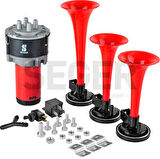 12V ÜÇLÜ KORNA KOMPRESÖRLÜ KIRMIZI BORULU