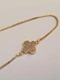 Luna Jewelry Kadın Gold Renkli Yonca Desenli Zirkon Taşlı Asansör Ayarlanabilir Renk Atmaz Çelik Bileklik
