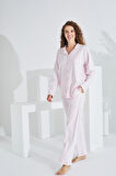 %100 Pamuk Uzun Kol Önden Düğmeli Kadın Pijama Takımı 98228-29