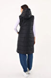 Kadın Kapşonlu Uzun Şişme Yelek - Siyah