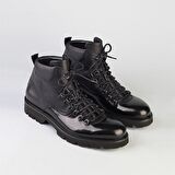 Cabani Yuvarlak Burun Orta Topuk Bağcıklı Soğuk Havaya Dayanıklı Günlük Siyah Klasik Bot Hakiki Deri