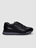 %100 Hakiki Deri Siyah Bağcıklı Erkek Sneaker