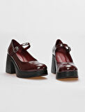 Cabani Hakiki Deri Bordo Rugan Kadın Kalın Topuklu Ayakkabı