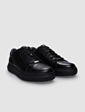 %100 Hakiki Deri Siyah Bağcıklı Erkek Sneaker