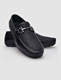 %100 Hakiki Deri Siyah Örgü Detaylı Erkek Loafer