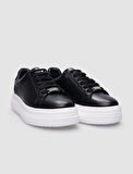 %100 Hakiki Deri Siyah Bağcıklı Kadın Sneaker