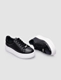 %100 Hakiki Deri Siyah Bağcıklı Kadın Sneaker