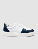 %100 Hakiki Deri Beyaz - Mavi Bağcıklı Erkek Sneaker