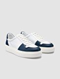 %100 Hakiki Deri Beyaz - Mavi Bağcıklı Erkek Sneaker