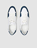 %100 Hakiki Deri Beyaz - Mavi Bağcıklı Erkek Sneaker
