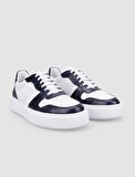 %100 Hakiki Deri Beyaz - Lacivert Croco Detaylı Erkek Sneaker