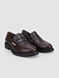 %100 Hakiki Deri Kahverengi Zımba Detaylı Kadın Loafer