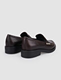 %100 Hakiki Deri Kahverengi Zımba Detaylı Kadın Loafer